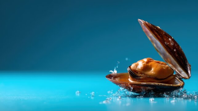 A fresh mussel shell bursts open in a striking display of splashes against a pristine turquoise backdrop, highlighting the beauty of seafood and marine life in vivid colors.
