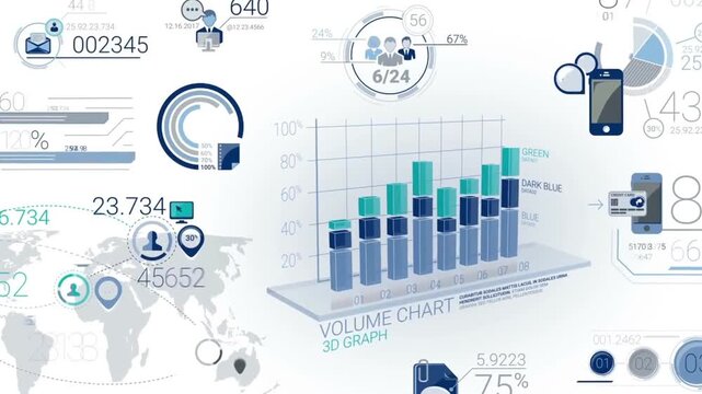 3D business volume chart and global financial infographics animation on clean white background, digital corporate data growth analysis concept