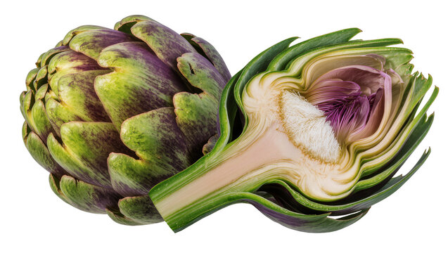 Whole and halved globe artichoke with purple and green leaves