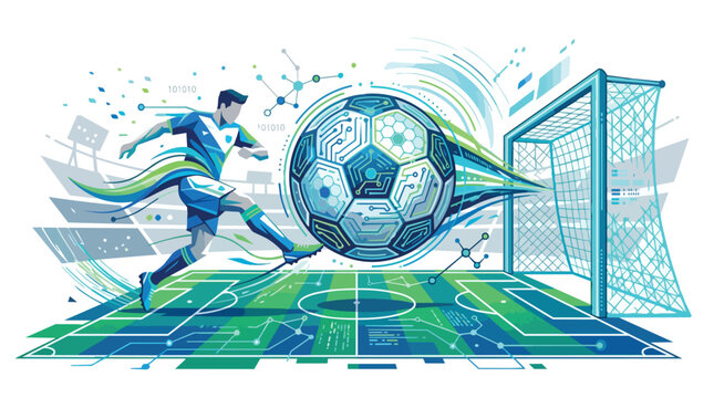 Futuristic soccer player kicking digital ball towards goal with circuit board design and binary code