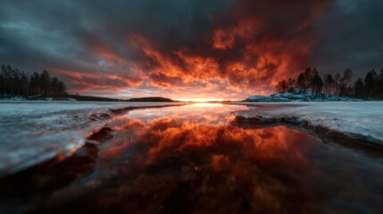 Fototapeta premium A dramatic sunset with vibrant fiery clouds reflecting on a partially frozen lake, capturing the essence of nature's beauty and its ever-changing moods.