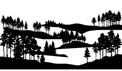 Obraz premium Pine forest landscape silhouette with trees and lake vector illustration