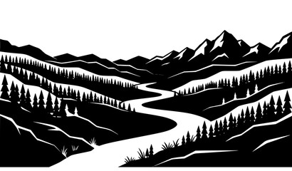 Mountain valley landscape with river and pine forest silhouette vector © Ziten