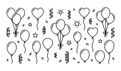 Birthday and celebration balloons doodle elements. Hand drawn party decoration and festive line art icons set. © Ziten