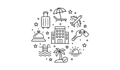 Summer vacation and hotel travel elements in circular line art style © Ziten