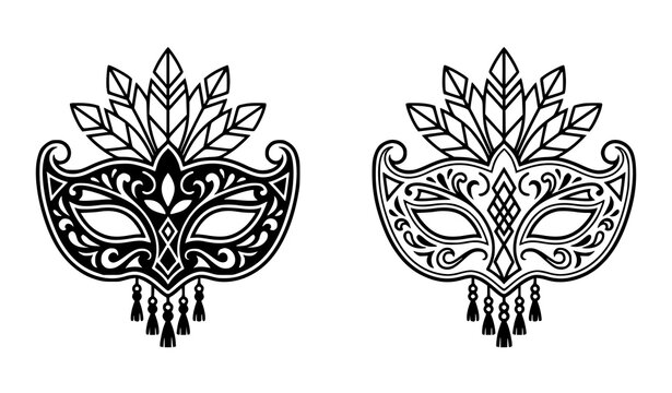 Masquerade carnival mask outline vector illustration set