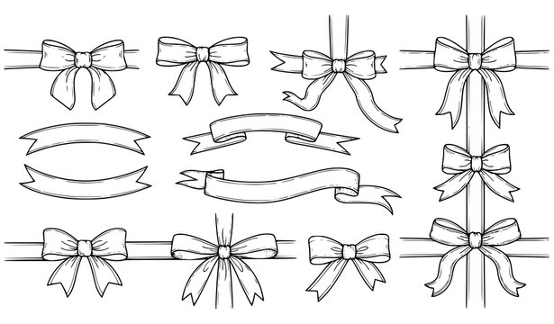 Decorative ribbon borders and gift bow outlines set