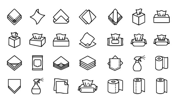 Paper tissue, napkin, and hygiene line art icons set. Vector collection of paper towels, wet wipes, and box tissues