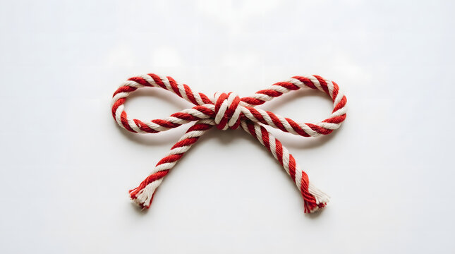 Red and white twisted rope bow on white background, decorative nautical cord knot, festive striped string ribbon for gift wrapping and crafts