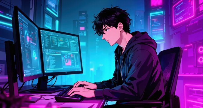 neon manga style illustration of a man working on computer, cyberpunk glowing room background for comics, storytelling, and creative design projects
