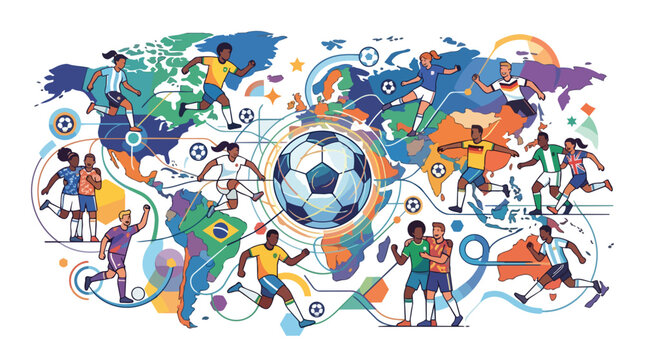 Global football players compete on world map background with soccer ball central element