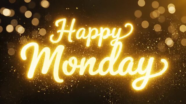 A glowing, golden text overlay reads "Happy Monday" with a bokeh background of blurred lights and sparkles.