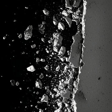 Exploding Concrete Wall with Flying Debris and Shards on Black Background
