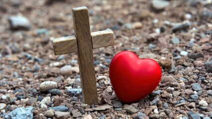Fototapeta premium Wooden cross leaning against red heart on rocky ground