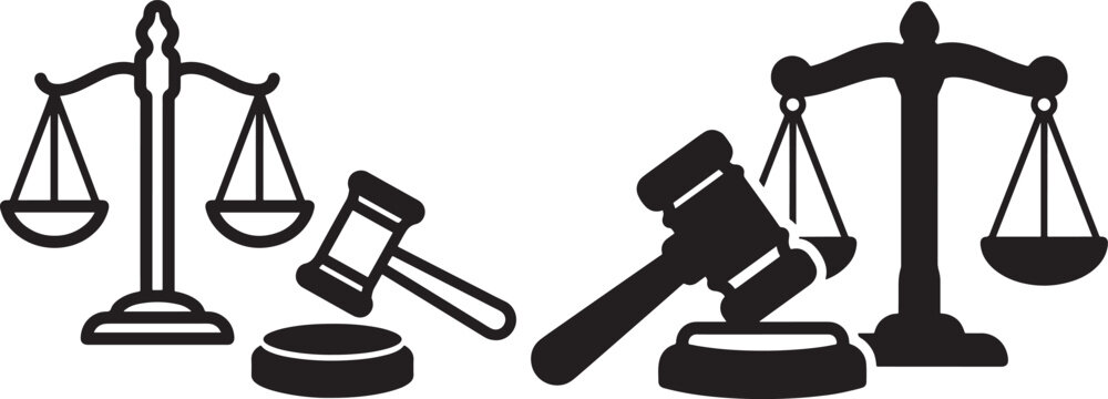 Two legal scales of justice and wooden gavels silhouette black vector design isolated on white background with judgment
