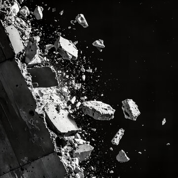 Exploding Concrete Wall with Flying Debris and Shards on Black Background