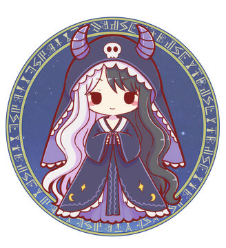 Authentic Hand Drawn Cute Hel with Magic Circle Background &ndash; Kawaii Queen of the Underworld from Norse Mythology