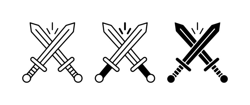 Crossed Swords Icons: Combat, Duel, Battle, Medieval, Warrior, Weaponry, Vector Set