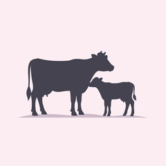 A silhouette of a cow and calf standing together on a light background © Alexander
