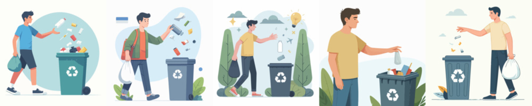 People Throwing Garbage into Recycling Bin, Waste Sorting and Environmental Conservation Illustration Set