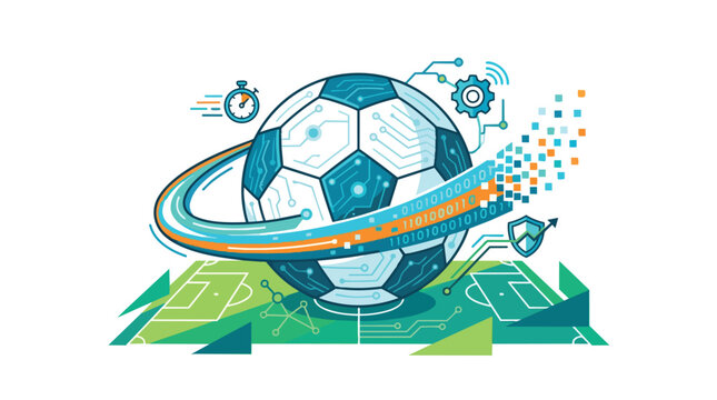 Futuristic digital soccer ball with binary code and circuit board elements on a stylized field