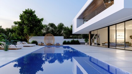 Fototapeta premium Modern Minimalist House with Stunning Pool and Lush Garden Surrounded by Trees in a Sunny Outdoor Setting