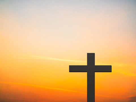 Cross christian god religion on sunset background, jesus church worship pray catholic grace christ, symbols christ love holy spiritual hope peach victory spirit meditation catholicism crucifix trush.
