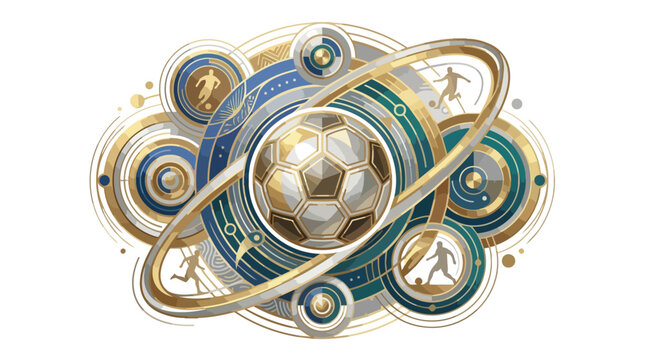 Abstract football sport illustration with players in motion and golden metallic rings, modern graphic design