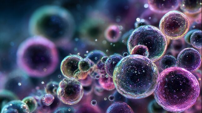 Microscope view of organic cells and microscopic bubbles colorfu