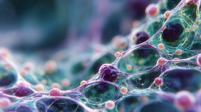 Microscope view of organic cells and microscopic bubbles colorfu