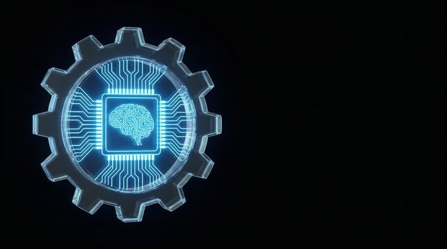 3D Glass Gear with Blue Microchip Pitch Black Copy Space