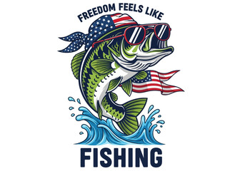 Fototapeta premium Patriotic Bass Fishing Illustration with American Flag Bandana and Sunglasses, Freedom Feels Like Fishing Graphic Vector Art