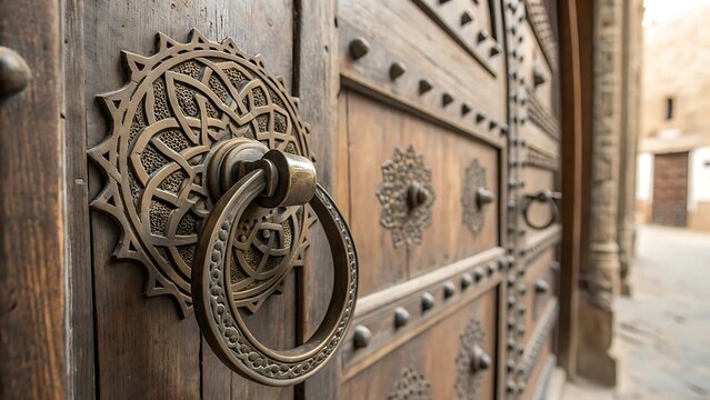Ornate Islamic Door Knocker on Rustic Wooden Door
