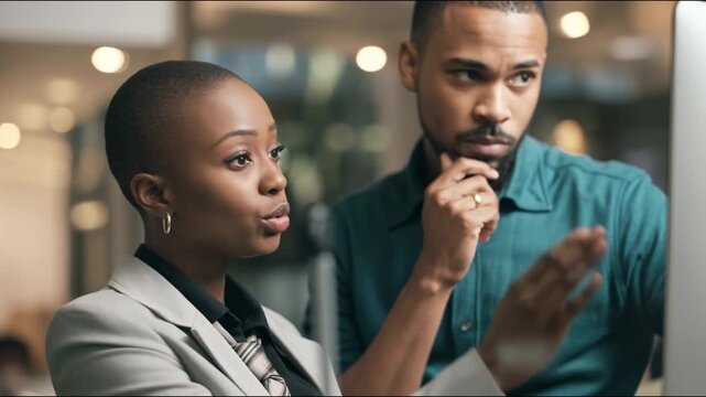 4K African American business woman and male colleague working together on computer in modern office. Diversity in tech, creative team collaboration, and professional corporate brainstorming.