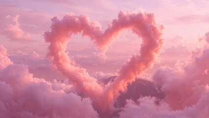 Naklejka premium Heart shaped cloud formation forming over pink sunset sky