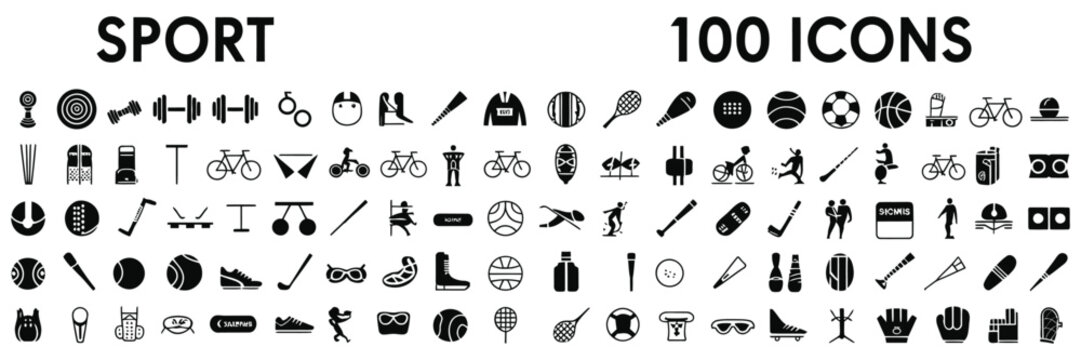Sports Glyph icon collection with 100 Filled symbols Including Fitness, Martial Arts, Motorsports, Water Sports and Athletic Training Activities.