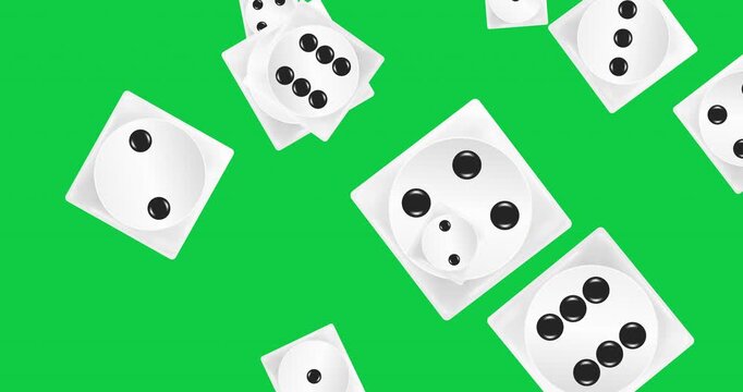 Gambling game dice. Animation white play casino dice cube with black dots isolated on green screen. Object to play in casino, dice from one to six dots. 4k graphic motion seamless looping