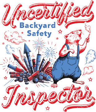 Humorous graphic of a small rodent firework inspector with backyard explosives fireworks backyard