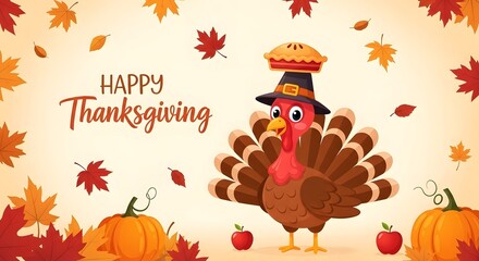 Naklejka premium Happy thanksgiving wishes with cartoon turkey pumpkins and leaves