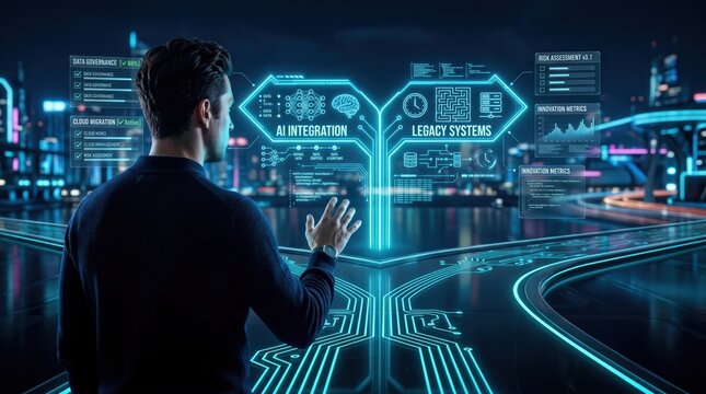 Tech executive analyzing AI integration versus legacy systems on digital holographic interface for business digital transformation strategy