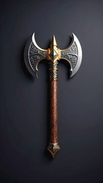 Ornate battle axe with intricate designs on a dark background studio