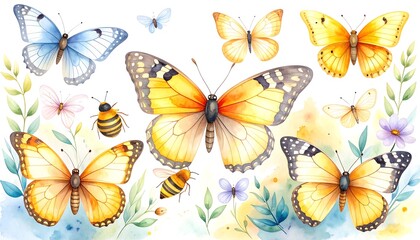 Obraz premium Watercolor painting showcases varied butterflies, bees, and delicate flora on a soft, blended background