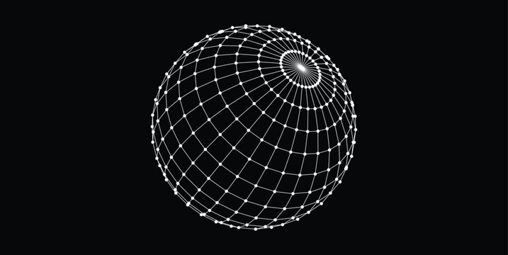 Abstract Wireframe Globe With Connected Nodes And Mesh Grid On Black Background