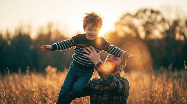 Father lifting young son high in golden hour field during sunset, boy pretending to fly with outstretched arms for family life insurance and parenting advertising