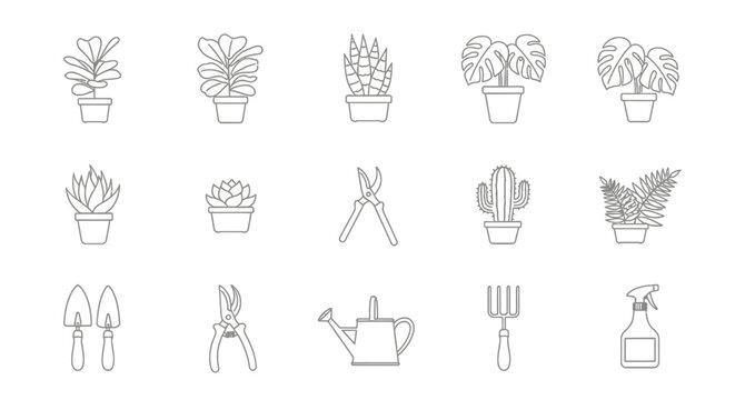 Minimalist outline icons of potted plants and garden tools