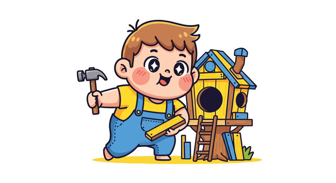 Happy Cartoon Boy Building a Colorful Treehouse Joyfully.
