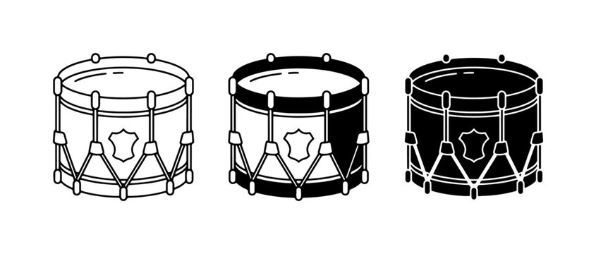 Drum Set Vector Icons: Military Marching Drum, Bass Drum, Snare Drum Illustrations