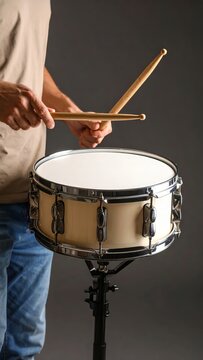 Close-up of a person playing a snare drum with drumsticks on a gray backdrop
