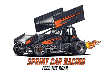 Sprint Car Racing Vector Illustration - Dirt Track Motorsports Car with Wings and Flames, Feel The Roar Slogan © Nastya