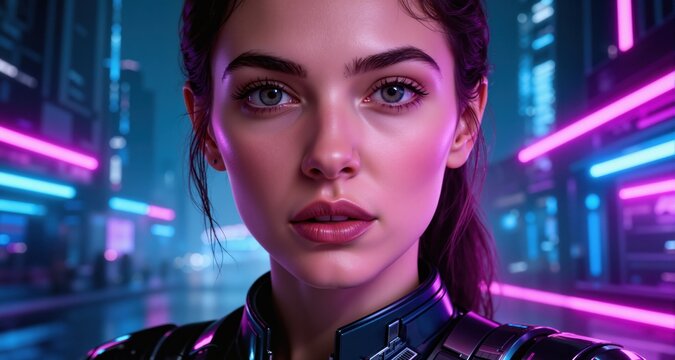 Close-up portrait of a woman with neon lights, futuristic urban concept

